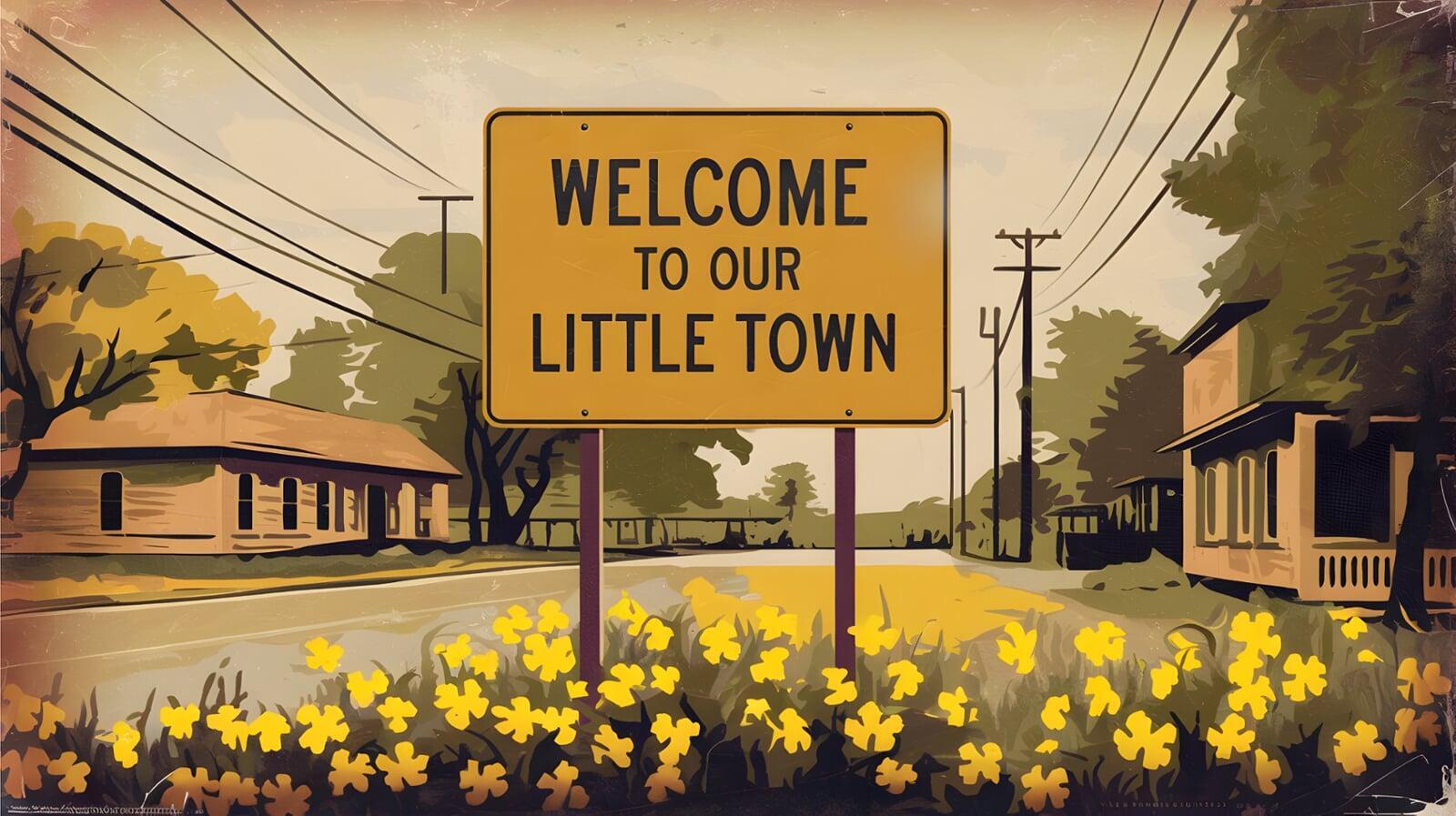 picture of a small town with yellow flowers and a sign saying "Welcome to our Little Town